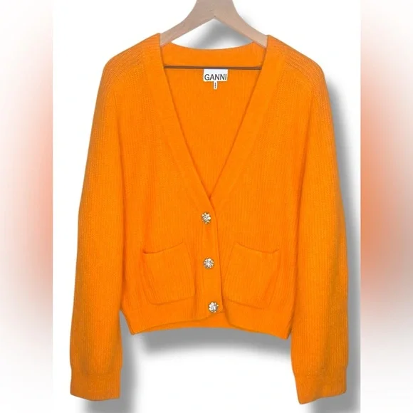 GANNI Soft Alpaca/Wool Knit Orange Cardigan Jewel Buttons Size XL - Picture 2 of 10